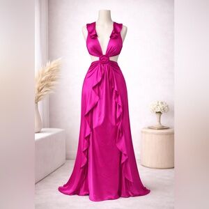 Hot Miami Styles Satin Cutout Maxi Dress – Fuchsia – Size M